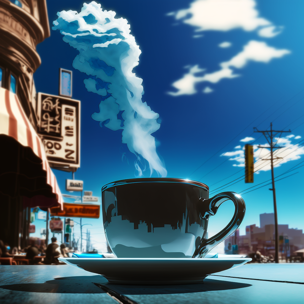 “Steaming coffee cup sitting on a bistro table …” Drawn by Midjourney.