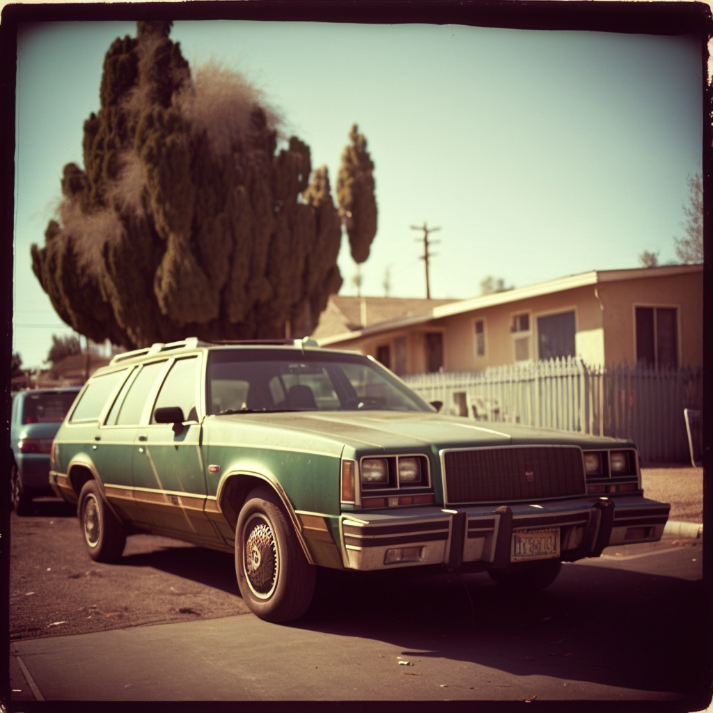 “Oldsmobile stationwagen parked on the street in Torrence, CA.” Drawn by Midjourney.