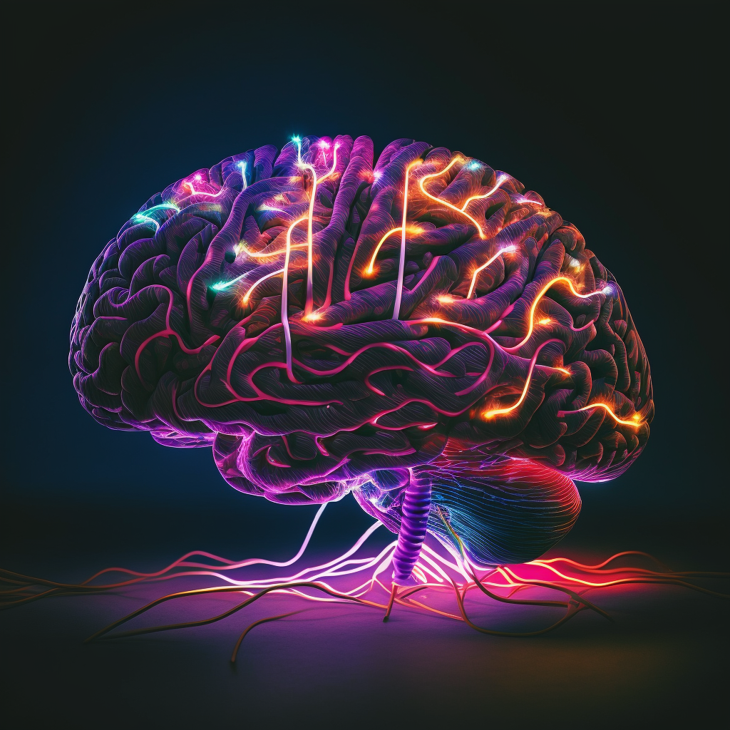 “Human brain connections, 80s laser lights aesthetic.” Drawn by Midjourney.