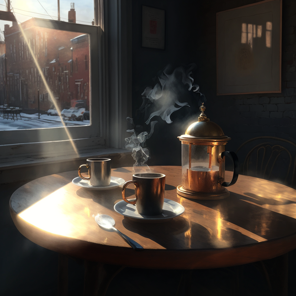 “Hop coffee shop in Baltimore with two large steaming …” Drawn by Midjourney.