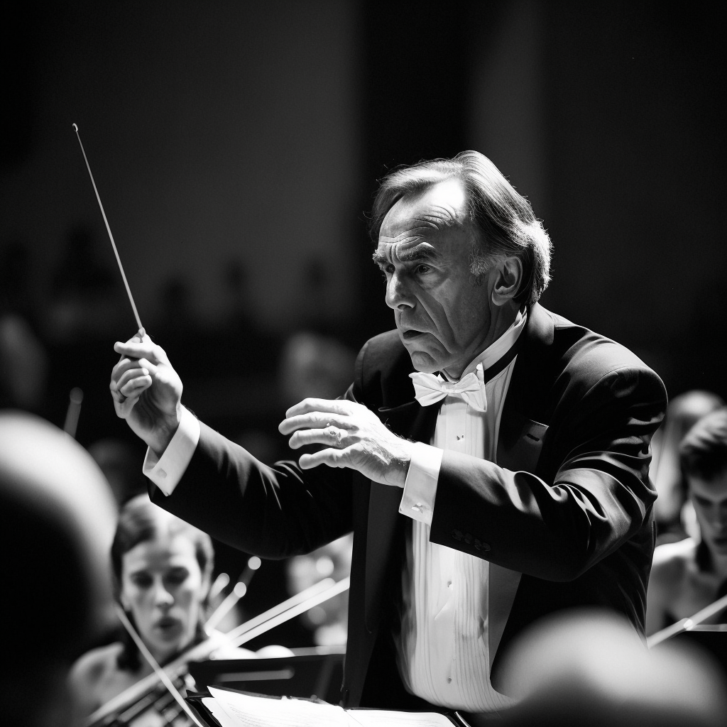 “Dynamic photograph of Claudio Abbado passionately conducting.” Drawn by Midjourney.